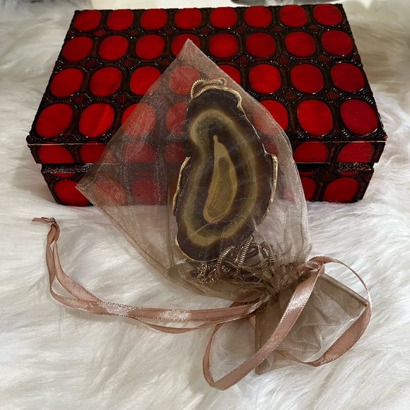 NEW Chico’s Sliced Agate + Gold Floating Pendant Long 20” Necklace Brown Tan NWT - Picture 14 of 16